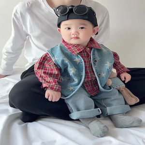 韩版婴儿衣服春秋季男童薄款衬衫+马甲两件套儿童外出炸街春装潮