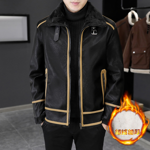 青年修身加绒加厚皮衣冬季男士时尚韩版潮流帅气机车皮夹克外套