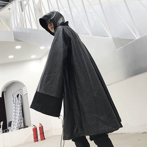 山本风暗黑系秋冬中长款连帽皮风衣潮流炸街帅气宽松斗篷披风外套