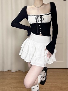7Shiftin原创设计黑白拼接芭蕾风上衣套装纯欲长袖开衫高腰百褶裙