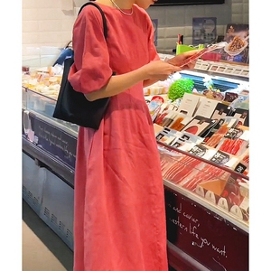 专柜撤柜法式气质高级感棉麻红色连衣裙梨形身材长裙夏季新款裙子