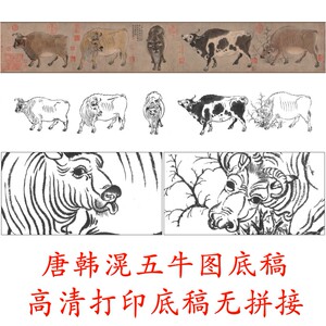 cj07工笔古画长卷白描底稿唐韩滉五牛图全卷实物整体无拼接打印稿