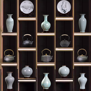 中式茶室样板房软装饰品博古架茶柜茶壶茶具摆件装饰铁壶陶瓷花瓶