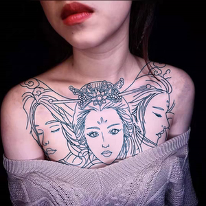 割线三面佛纹身贴防水男胸前大图花旦艺妓仿真莲花花臂持久刺青
