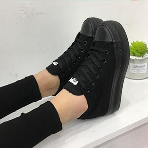 纯黑高帮鞋女2020女士布鞋帆布鞋女内增高潮厚底工作鞋全黑色板鞋