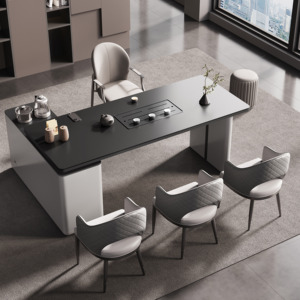 岩板茶桌椅组合现代简约高级感办公室L型茶台茶桌一体带边柜岛台