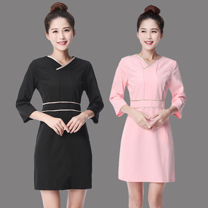 新款美容师服装连衣裙休闲会所工作服时尚美容院女套装弹力