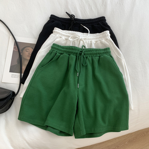 华夫格绿色高腰运动短裤女宽松显瘦百搭bf中性风阔腿直筒中裤夏季