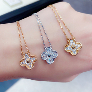 vca/梵克雅宝满钻四叶草项链18k白金玫瑰金镶钻吊坠锁骨链女