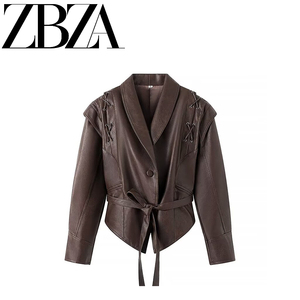ZAR 春季新款 女装 欧美风法式时尚百搭设计感复古咖棕色皮衣外套