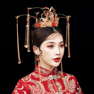 中式汉服头冠古典气质新娘皇冠秀禾头饰发冠古装发簪步摇凤冠饰品