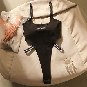 欧美风街头高叉黑色吊带连体背心女夏性感露腰外穿打底抹胸连体衣