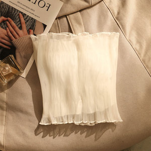 纯欲无肩带蕾丝白色网纱抹胸吊带带胸垫女外穿甜美褶皱一字肩上衣