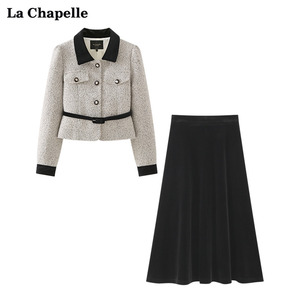 拉夏贝尔/La Chapelle丝绒拼接翻领腰带小香风外套黑色半身裙套装