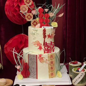 国风复古中式订结婚蛋糕装饰品双喜字模扇子屏风喜鹊插件婚礼甜品