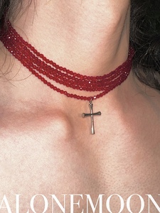 ALONEMOON原创｜红项链｜多层一体式十字架钛钢项链choker