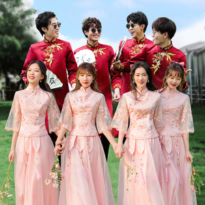 伴娘服中式2021新款冬季小个子姐妹团大码胖mm礼服女伴郎服兄弟装