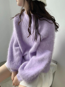 优雅浪漫的紫色毛衣女慵懒风气质半高领套头灯笼袖貂绒针织衫上衣