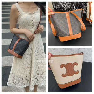 celine/赛琳 triomphe老花复古拼皮水桶包小号凯旋门单肩斜挎女包
