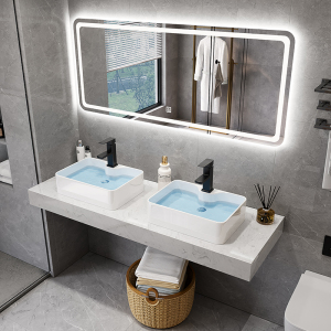 公共卫生间洗手池台上盆双盆宾馆挂墙式大理石洗漱洗脸池盆柜组合