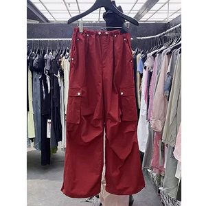 韩国anan美式红色工装裤女薄款夏小众休闲运动阔腿裤低腰速干裤子