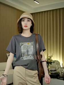 韩系艺术感圆领印花短袖t恤夏季女装2024新款时尚百搭独特上衣ins
