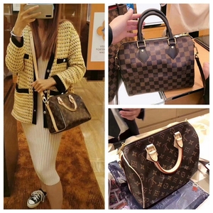 lv路易威登女包speedy25老花棋盘枕头包单肩斜挎包手提包m41109