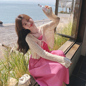 玫粉色吊带裙套装女2024年夏季新款海边度假风针织开衫长裙两件套
