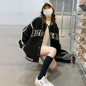 黑色美式复古棒球服外套女2024春秋季新款韩版学院风减龄夹克上衣