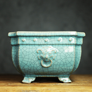 岭南石湾花盆兽头冰裂釉陶瓷盆栽15仿古25口径高深四方斗形盆景盆