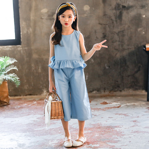 女童夏装短袖九分阔腿裤两件套2022夏季新款9-12岁小女孩韩版套装