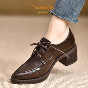 WENQIU~5厘米粗跟小皮鞋女真皮系带深口单鞋厚底踝靴2024新款女鞋