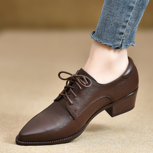 WENQIU~超软尖头系带小皮鞋4厘米粗跟深口单鞋2024春新款中跟女鞋