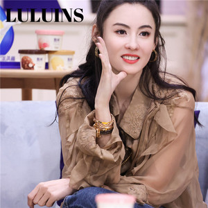 luluins正品张柏芝明星同款衣服复古卡其色翻领荷叶边衬衫上衣女