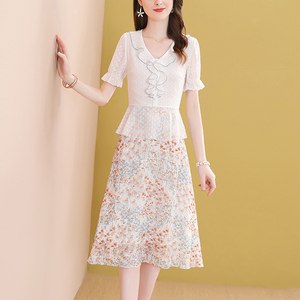 品牌折扣气质假两件雪纺连衣裙女夏商场专柜剪标清仓裙子显瘦