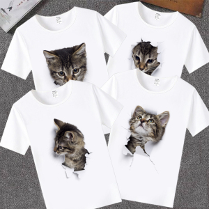 3D立体逼真萌猫短袖T恤男动物图案印花短袖情侣亲子装个性T恤