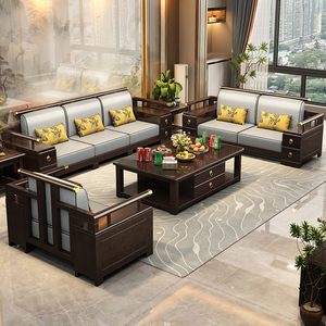 新中式实木沙发茶几电视柜组合夏冬两用木加布沙发小户型客厅家具