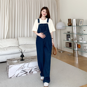 日本ELSA KEITH孕妇牛仔裤2024新款夏季托腹阔腿背带裤子两件套装