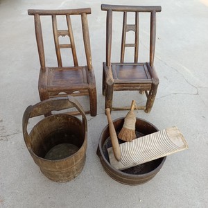 老家具民俗怀旧老物件复古展览摆件老式洗衣工具小椅子老木盆木桶