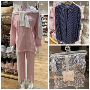 优衣库女装缎纹长袖睡衣套装 春秋印花家居服套装440484 440062