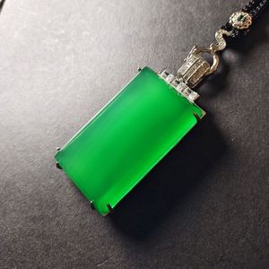 新款毛衣链银镶金翡翠绿冰种玉髓通透长方形平安无事牌男女款吊坠
