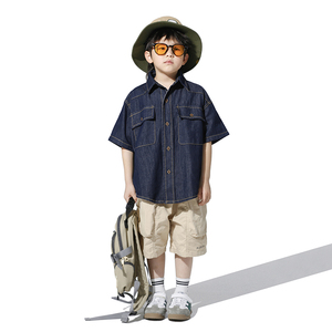 男童工装牛仔短袖外套2024夏季儿童日系复古薄半袖衬衫洋气美式潮