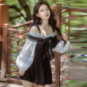 微胖大码胖mm连体裙式泳衣女新款遮肚显瘦保守女生超仙一字肩泳装