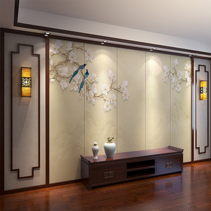 新中式花鸟山水刺绣硬包电视背景墙装饰客厅沙发影视卧室床头软包