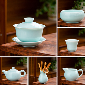 功夫茶具单品陶瓷影青家用盖碗茶杯洗中式茶杯茶道茶壶公道杯整套