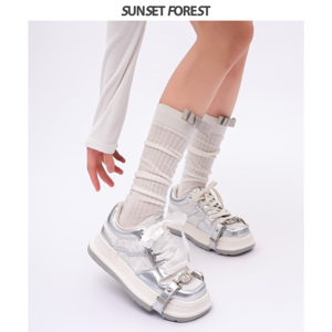 落日森林方头蕾丝银色厚底运动鞋女2024春夏季新款透气板鞋子小众