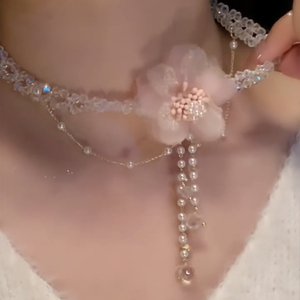 粉色花朵流苏choker项链夸张耳环独特小众设计甜美度假风耳坠颈链