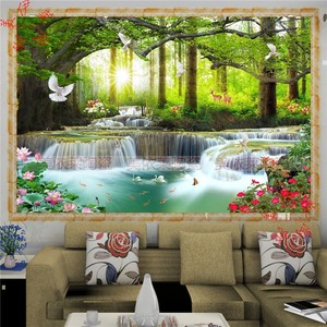 瓷砖壁画瀑布客厅电视墙背景自然风景图案树绿色森林美景带荷花鱼