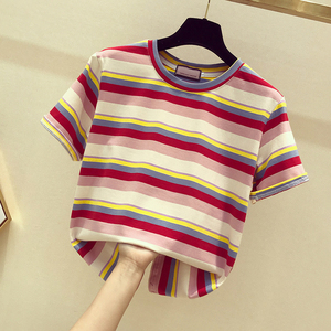韩国彩虹色条纹t恤女圆领短袖2020年夏新款网红超火百搭上衣ins潮