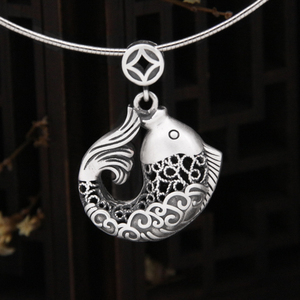 s999足银锦鲤鱼吊坠女复古个性项链挂坠创意礼物招财鱼毛衣链挂件